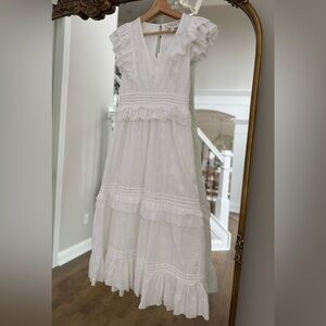 Cleobella White Eyelet V-Neck Tiered Ruffle Midi Dress, Size Medium, Pockets